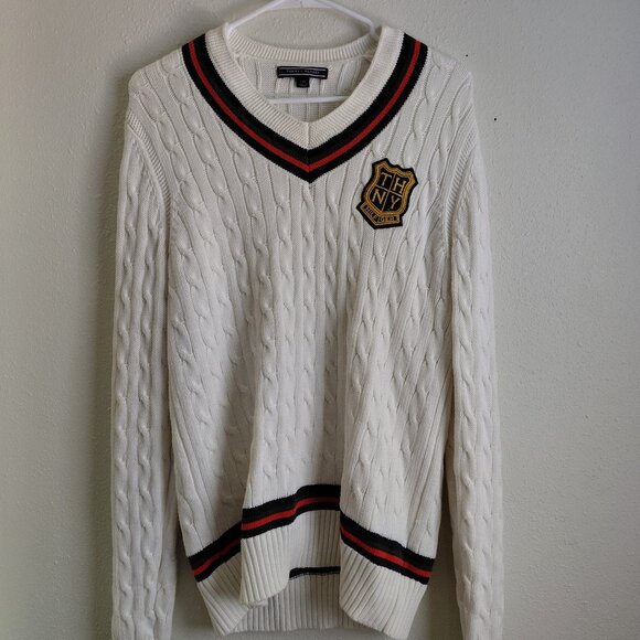 Tommy Hilfiger Cricket Cable Knit Cream Sweater V Neck Logo Crest Large Classic - Picture 1 of 7